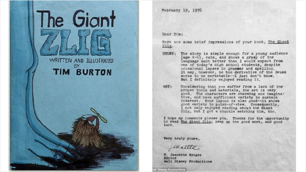 Portada de The Giant Zlig de Tim Burton y carta de rechazo