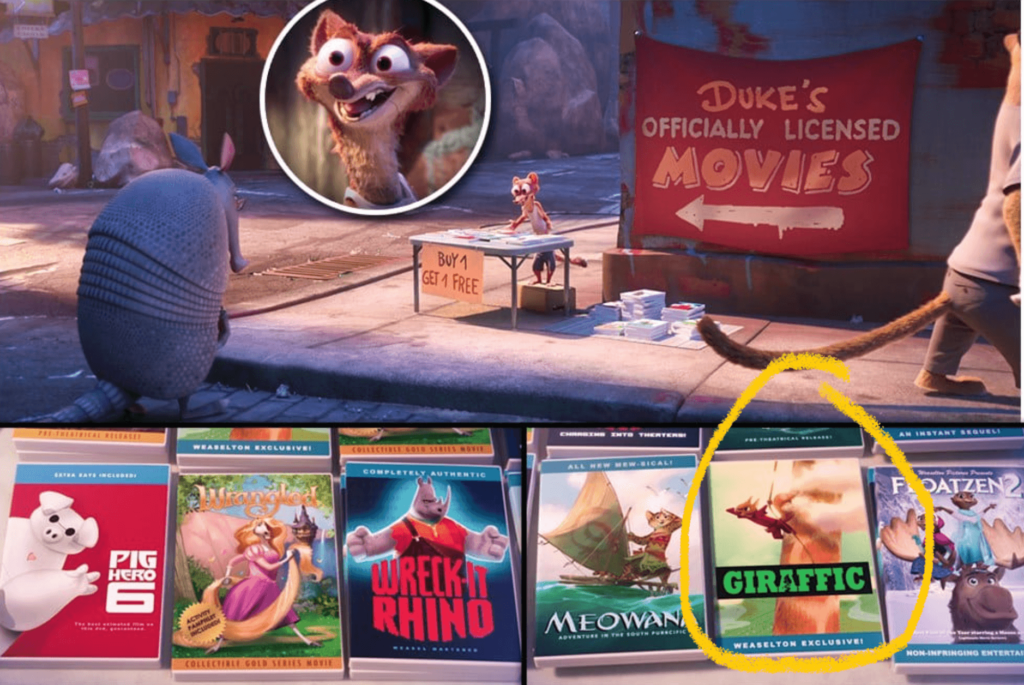 Varias películas de Disney siendo parodiadas en Zootopia.