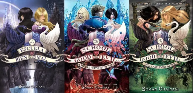 Portadas oficiales de los tres primeros libros de la saga La Escuela del Bien y del Mal